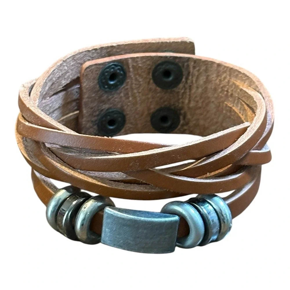 Leather‎ Cuff Bracelet OS Brown Braided Multi-Strand Metal Accents Boho Rustic